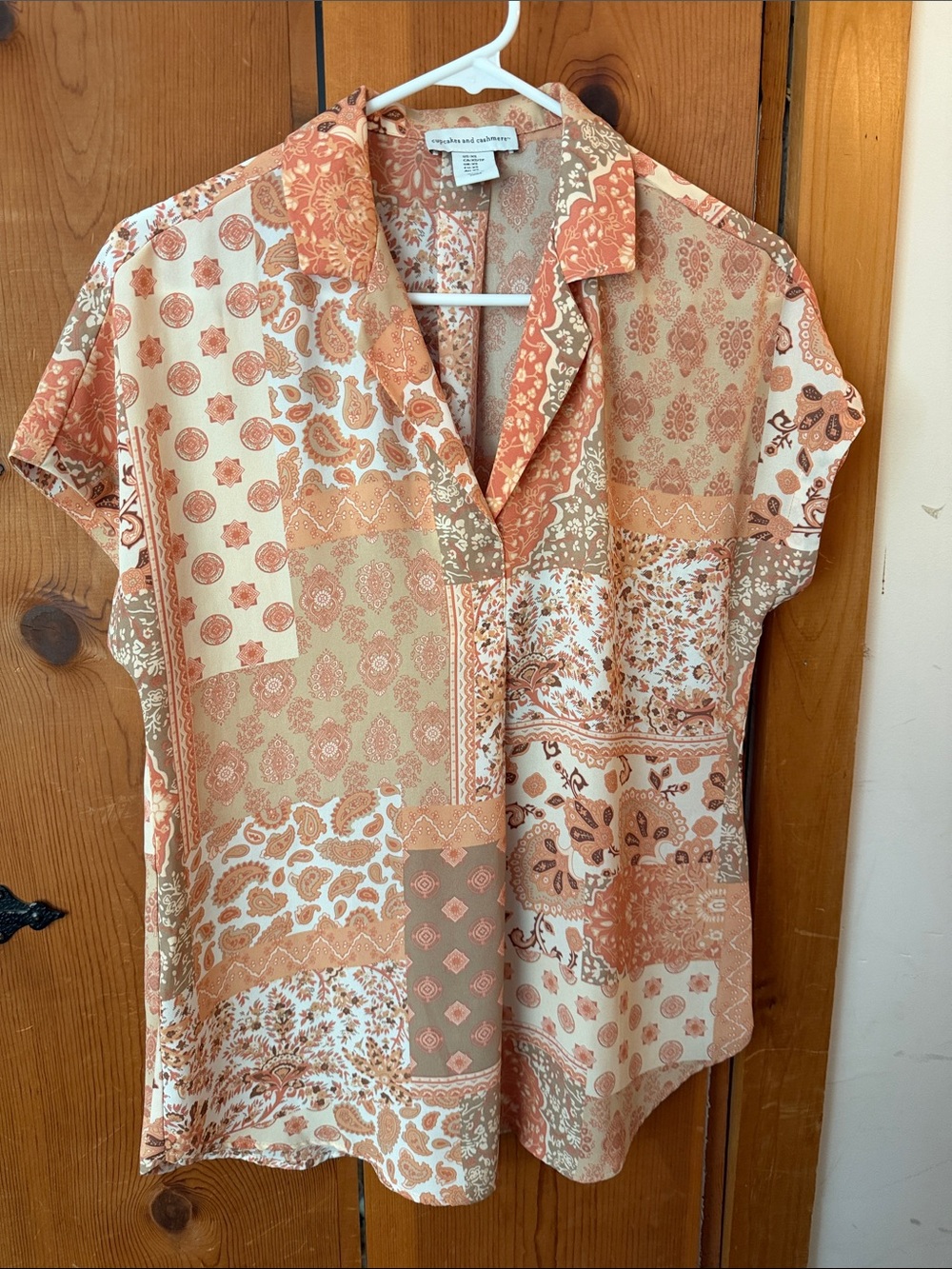 cupcakes & cashmere Patchwork Paisley Short Sleeve Blouse in Peach and Tan